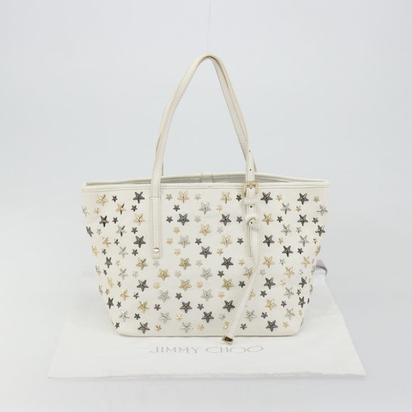 Jimmy Choo Tote Bag Leather White Gold Silver Auth 183632A