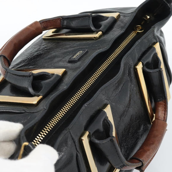 Chloe Etel Hand Bag Leather Black Gold Auth 183634