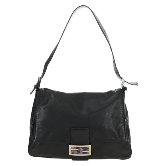 FENDI Mamma Baguette Shoulder Bag Leather Black Silver Auth 183639V