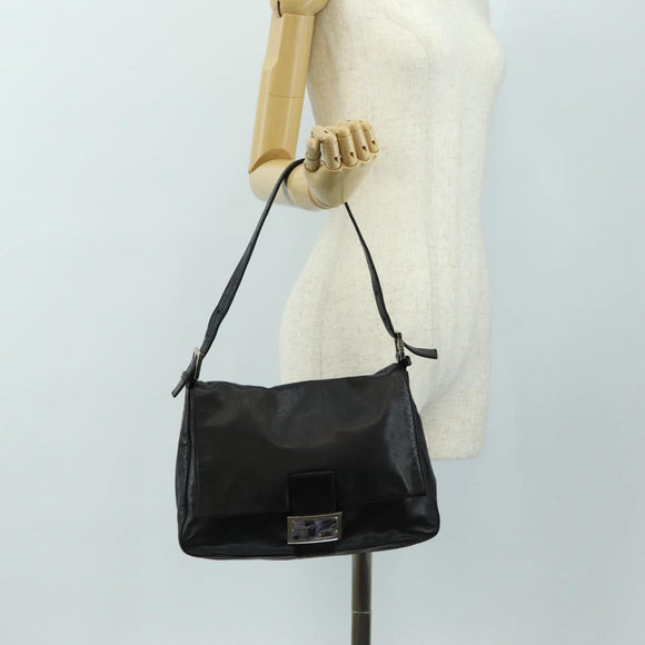 FENDI Mamma Baguette Shoulder Bag Leather Black Silver Auth 183639V