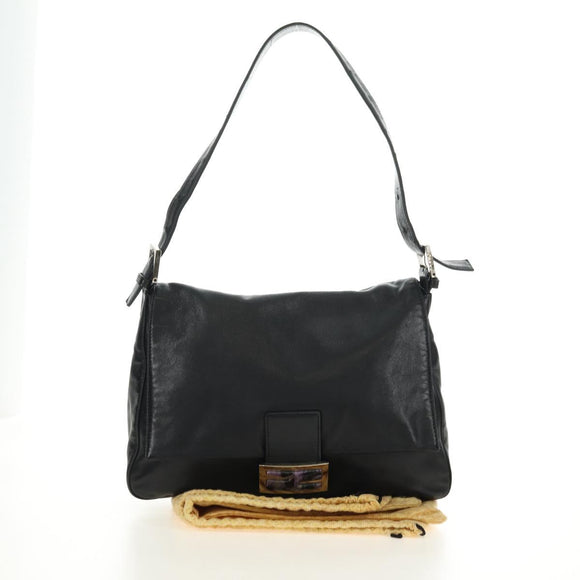 FENDI Mamma Baguette Shoulder Bag Leather Black Silver Auth 183639V