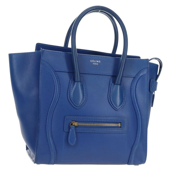 CELINE Micro shopper Hand Bag Leather Blue Gold Auth 183645V