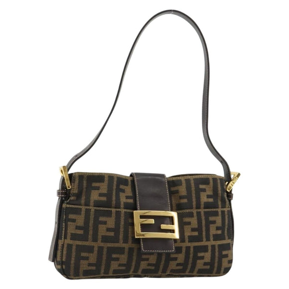 FENDI Zucca Canvas Mamma Baguette Shoulder Bag Black Brown Auth 183649SAV