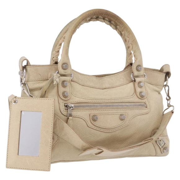 BALENCIAGA The First Hand Bag Leather 2way Beige Silver 240577 Auth 183652V