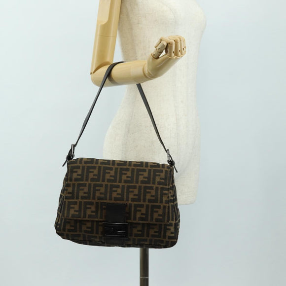 FENDI Zucca Canvas Shoulder Bag Black Brown Auth 183663V
