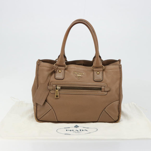 PRADA Hand Bag Leather Brown Gold Auth 183668A