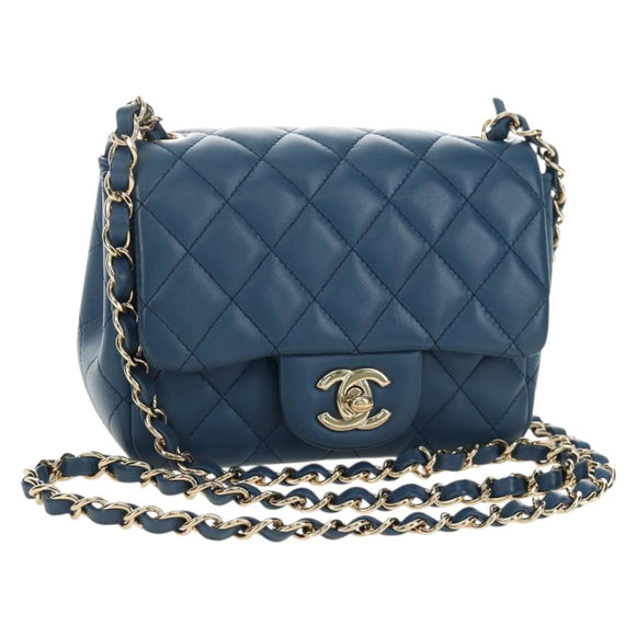 CHANEL Chain Mini Matelasse 16 Shoulder Bag Lamb Skin Blue Gold CC Auth 183683M