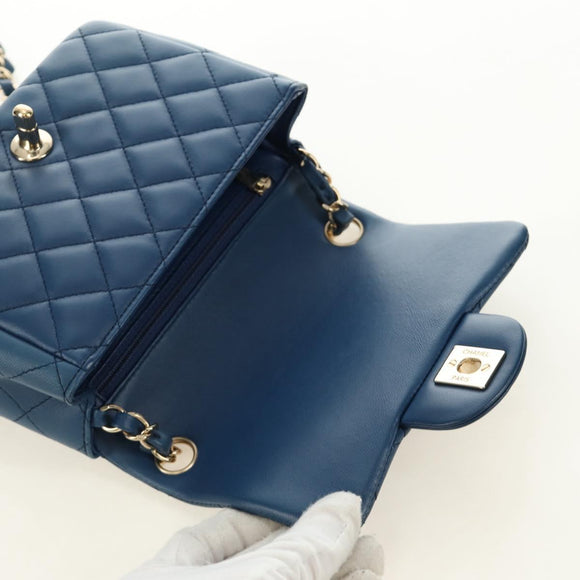 CHANEL Chain Mini Matelasse 16 Shoulder Bag Lamb Skin Blue Gold CC Auth 183683M