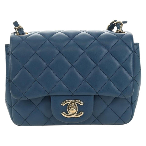 CHANEL Chain Mini Matelasse 16 Shoulder Bag Lamb Skin Blue Gold CC Auth 183683M