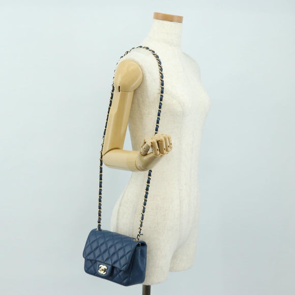 CHANEL Chain Mini Matelasse 16 Shoulder Bag Lamb Skin Blue Gold CC Auth 183683M