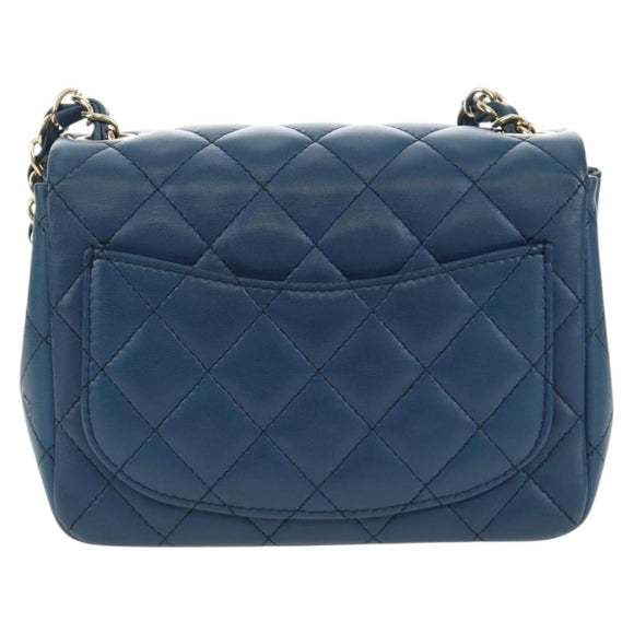 CHANEL Chain Mini Matelasse 16 Shoulder Bag Lamb Skin Blue Gold CC Auth 183683M