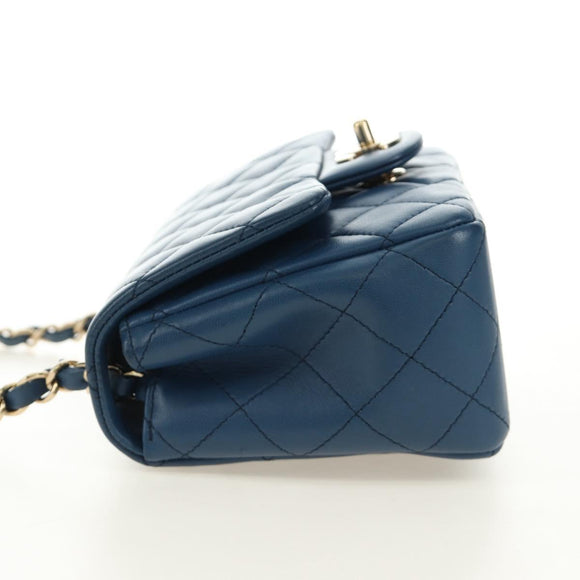 CHANEL Chain Mini Matelasse 16 Shoulder Bag Lamb Skin Blue Gold CC Auth 183683M