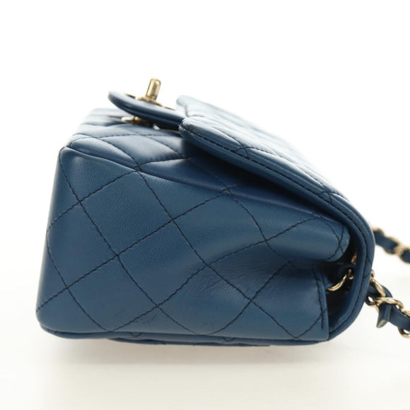 CHANEL Chain Mini Matelasse 16 Shoulder Bag Lamb Skin Blue Gold CC Auth 183683M