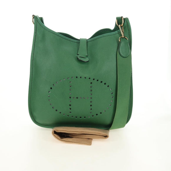 HERMES Evelyn 1GM Shoulder Bag Leather Green Gold Auth 183685V