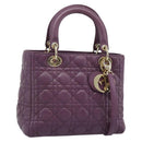 Christian Dior Canage Lady Dior Hand Bag Lamb Skin 2way Purple Gold Auth 183704M-1