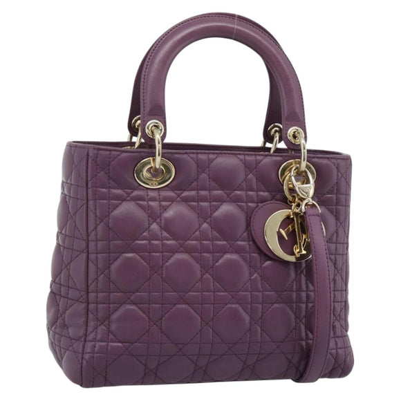 Christian Dior Canage Lady Dior Hand Bag Lamb Skin 2way Purple Gold Auth 183704M