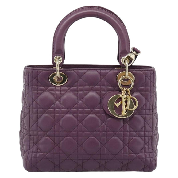 Christian Dior Canage Lady Dior Hand Bag Lamb Skin 2way Purple Gold Auth 183704M
