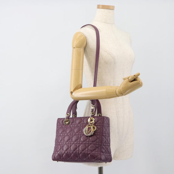 Christian Dior Canage Lady Dior Hand Bag Lamb Skin 2way Purple Gold Auth 183704M