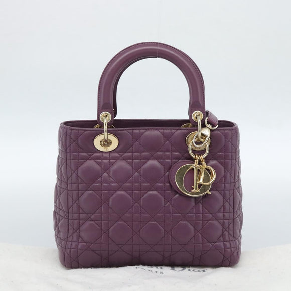 Christian Dior Canage Lady Dior Hand Bag Lamb Skin 2way Purple Gold Auth 183704M