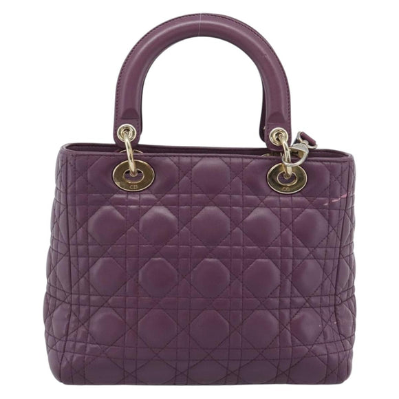 Christian Dior Canage Lady Dior Hand Bag Lamb Skin 2way Purple Gold Auth 183704M