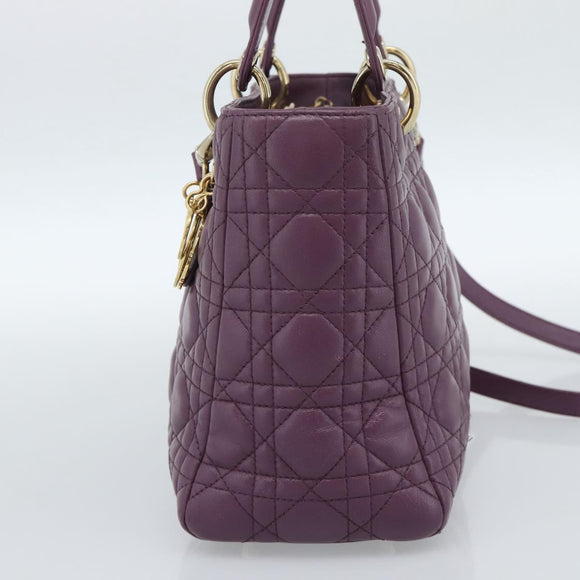 Christian Dior Canage Lady Dior Hand Bag Lamb Skin 2way Purple Gold Auth 183704M