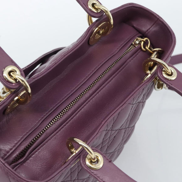 Christian Dior Canage Lady Dior Hand Bag Lamb Skin 2way Purple Gold Auth 183704M