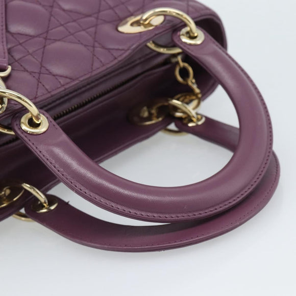 Christian Dior Canage Lady Dior Hand Bag Lamb Skin 2way Purple Gold Auth 183704M