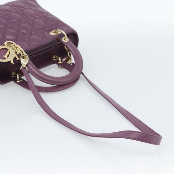 Christian Dior Canage Lady Dior Hand Bag Lamb Skin 2way Purple Gold Auth 183704M