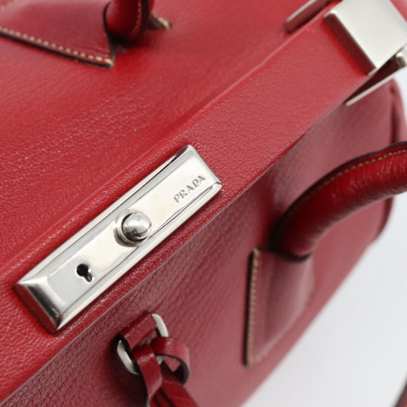 PRADA Hand Bag Leather Red Silver Auth 183707A