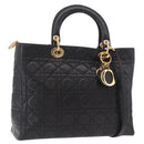 Christian Dior Lady Dior Canage Hand Bag Lamb Skin 2way Black Gold Auth 183708V-1