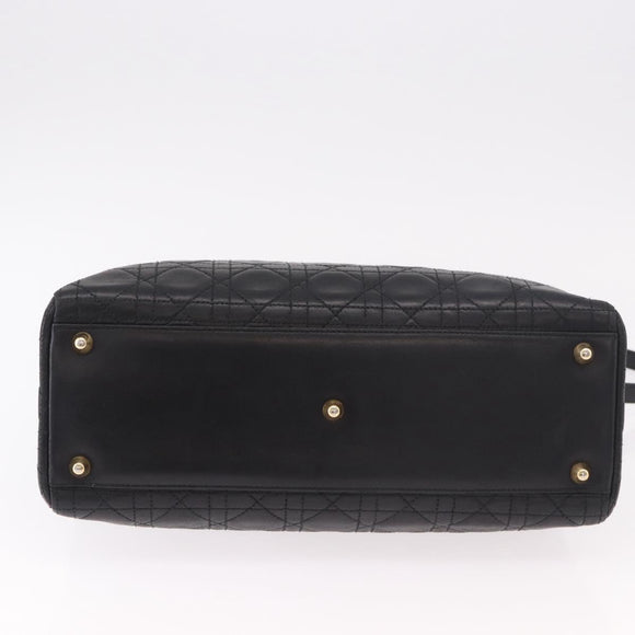 Christian Dior Lady Dior Canage Hand Bag Lamb Skin 2way Black Gold Auth 183708V