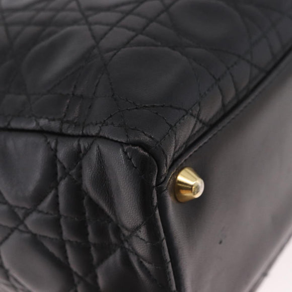 Christian Dior Lady Dior Canage Hand Bag Lamb Skin 2way Black Gold Auth 183708V