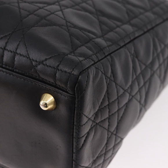 Christian Dior Lady Dior Canage Hand Bag Lamb Skin 2way Black Gold Auth 183708V