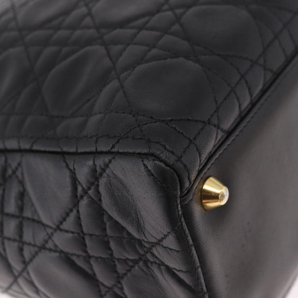 Christian Dior Lady Dior Canage Hand Bag Lamb Skin 2way Black Gold Auth 183708V