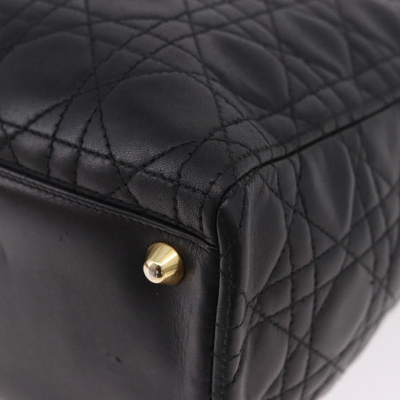Christian Dior Lady Dior Canage Hand Bag Lamb Skin 2way Black Gold Auth 183708V