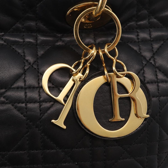 Christian Dior Lady Dior Canage Hand Bag Lamb Skin 2way Black Gold Auth 183708V