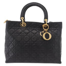 Christian Dior Lady Dior Canage Hand Bag Lamb Skin 2way Black Gold Auth 183708V-2