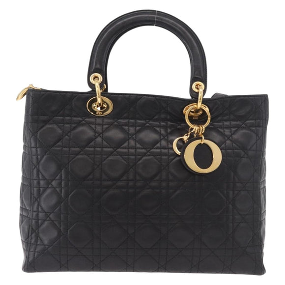 Christian Dior Lady Dior Canage Hand Bag Lamb Skin 2way Black Gold Auth 183708V