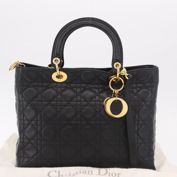 Christian Dior Lady Dior Canage Hand Bag Lamb Skin 2way Black Gold Auth 183708V