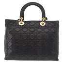 Christian Dior Lady Dior Canage Hand Bag Lamb Skin 2way Black Gold Auth 183708V-3