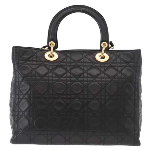 Christian Dior Lady Dior Canage Hand Bag Lamb Skin 2way Black Gold Auth 183708V