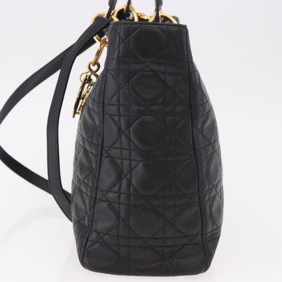 Christian Dior Lady Dior Canage Hand Bag Lamb Skin 2way Black Gold Auth 183708V