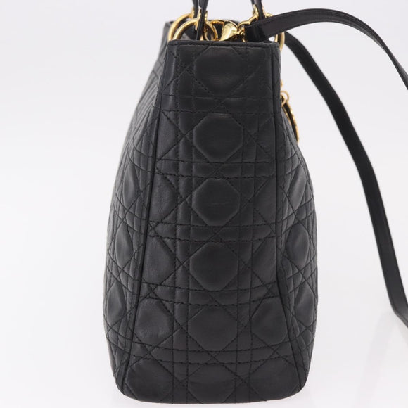 Christian Dior Lady Dior Canage Hand Bag Lamb Skin 2way Black Gold Auth 183708V