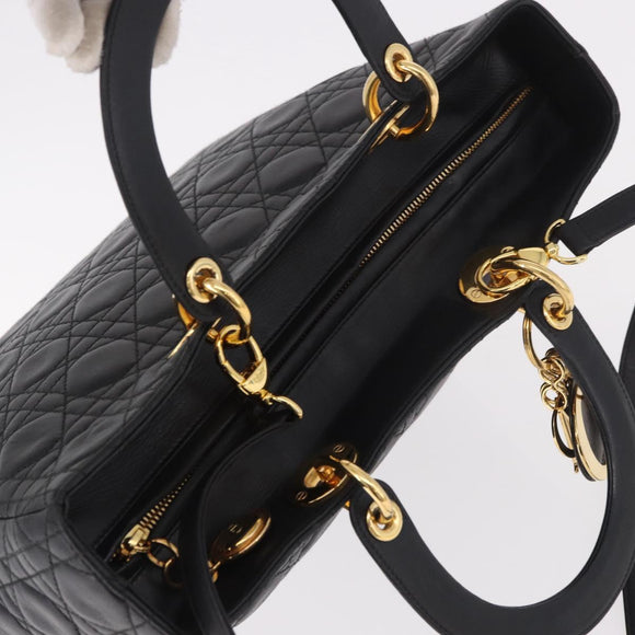 Christian Dior Lady Dior Canage Hand Bag Lamb Skin 2way Black Gold Auth 183708V