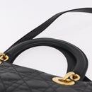 Christian Dior Lady Dior Canage Hand Bag Lamb Skin 2way Black Gold Auth 183708V-8
