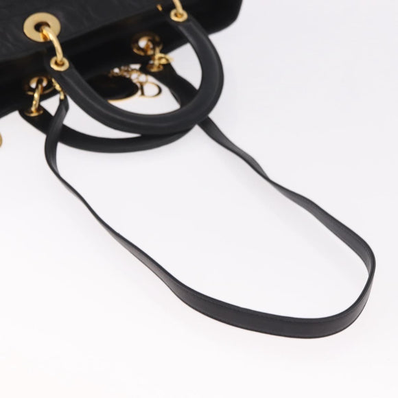 Christian Dior Lady Dior Canage Hand Bag Lamb Skin 2way Black Gold Auth 183708V