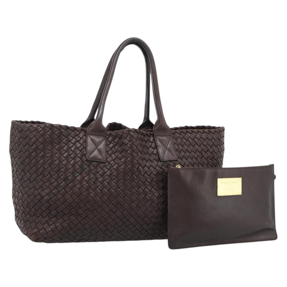 BOTTEGA VENETA INTRECCIATO Cabas MM Hand Bag Leather Brown Gold Auth 183710V