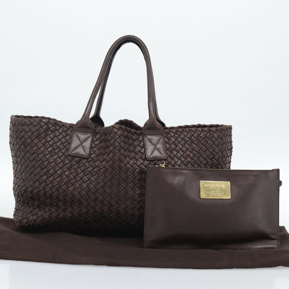 BOTTEGA VENETA INTRECCIATO Cabas MM Hand Bag Leather Brown Gold Auth 183710V