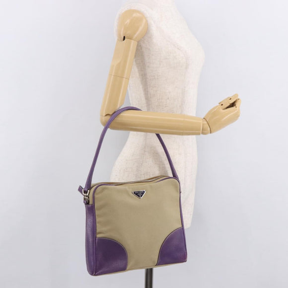 PRADA Umhängetasche Canvas Beige Silber Auth 183714