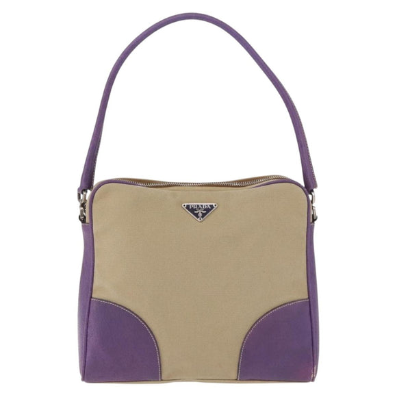PRADA Umhängetasche Canvas Beige Silber Auth 183714